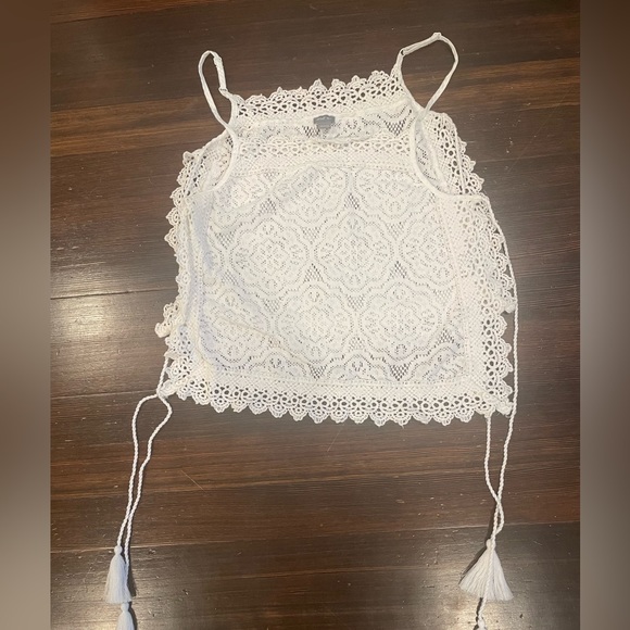 Mermaidcore Fwstival XS lace croquet white crop top adjustable straps fringe - Picture 2 of 5